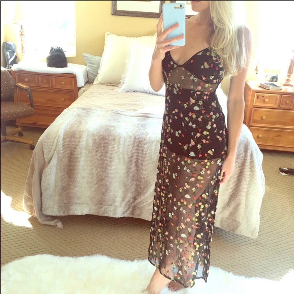 Black sheer floral print maxi dress